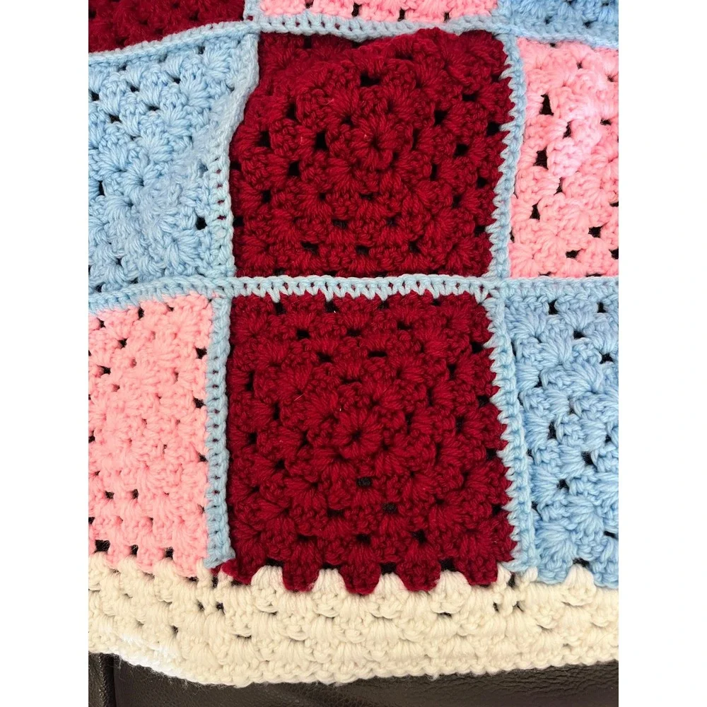 Crochet Granny Square Blanket Throw Afghan Pink Blue Burgundy Handmade 46